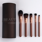 Brown Wooden Handle Makeup Brushes 5 Piece Makeup Brush Set With Pu Cylinder